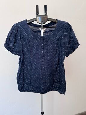 Christopher & Banks Navy/White Polka Dot Short Sleeve Button up Blouse Size L.